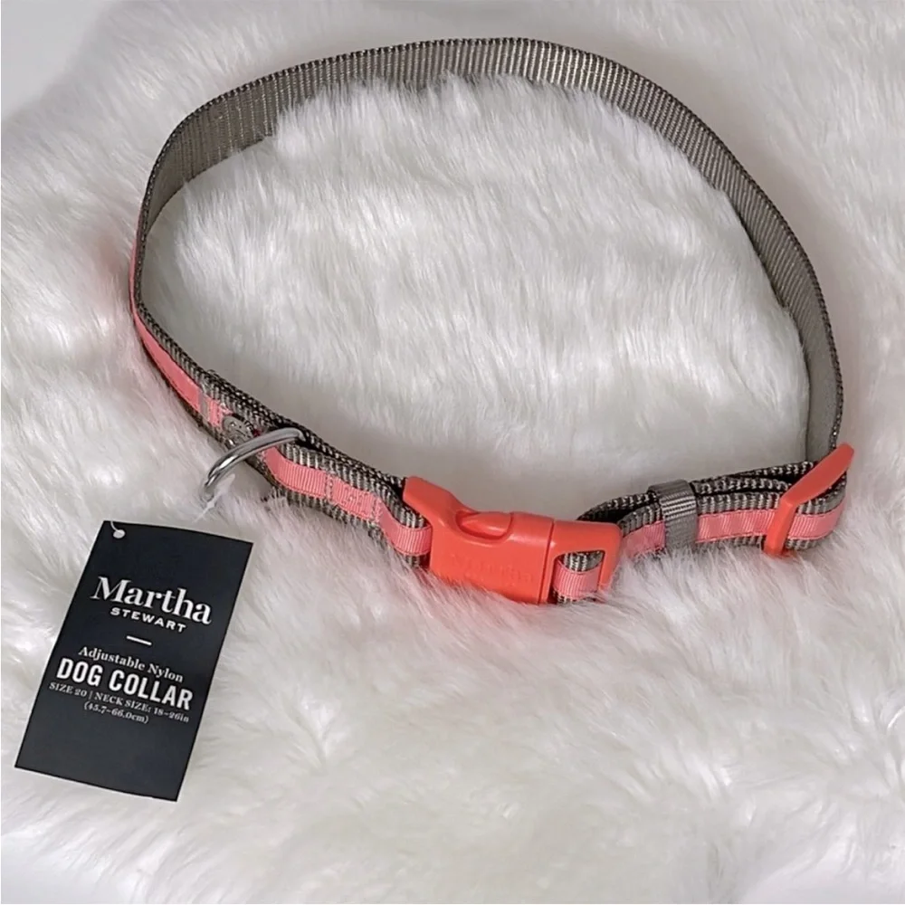 NWT Martha Stewart Adjustable Nylon Dog Collar Coral / Gray Various Sizes